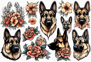 German shepherd portrait flowers tattoo idea