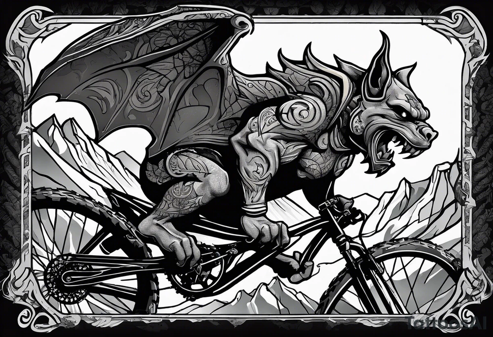gargoyle riding a full suspension mountain bike with a shadow no landscape tattoo idea