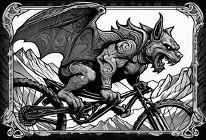 gargoyle riding a full suspension mountain bike with a shadow no landscape tattoo idea