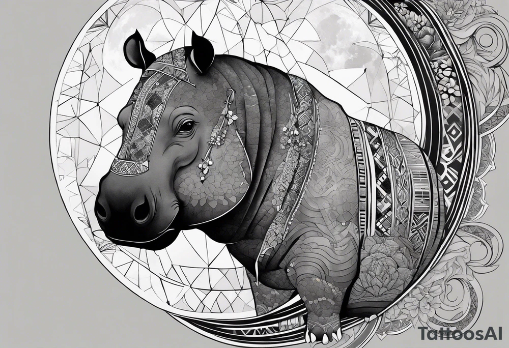 Very asymmetrical, +geometric pattern, with realistic full moon, with hippo at side look, +tribal, +geometric, +inkart , +blackwork, +grey scale, + sketch
with wintersweet flower bud, +inkart touch, +for men, detailed tattoo idea