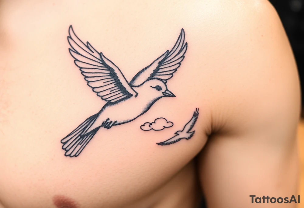 Dove and a blue jay, clouds, shining light to or from heaven tattoo idea