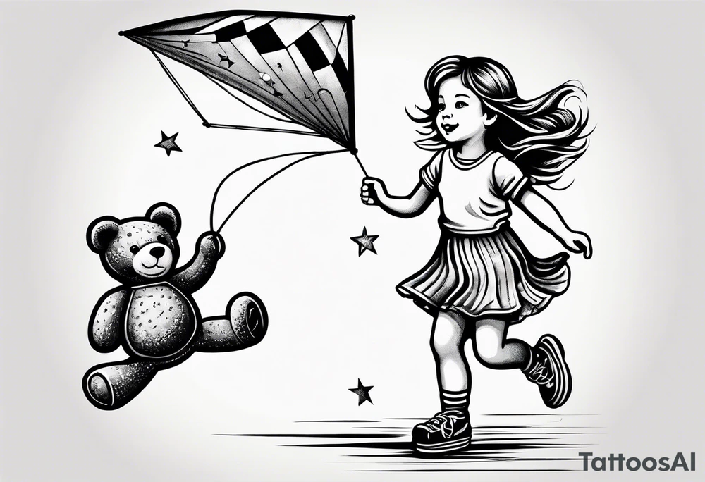 a little girl running away holding a kite with a roller skating teddy bear behind her tattoo idea