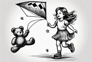 a little girl running away holding a kite with a roller skating teddy bear behind her tattoo idea
