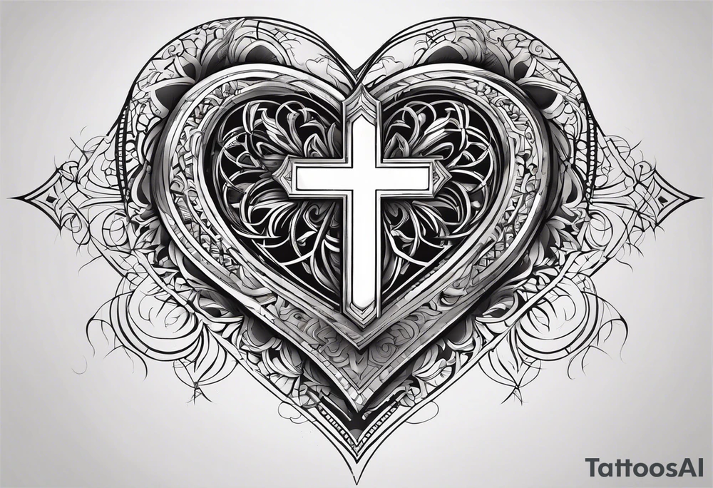 Heart and cross with names. The names are bini and essu and meri tattoo idea