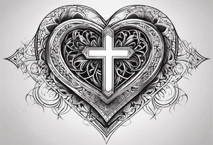 Heart and cross with names. The names are bini and essu and meri tattoo idea