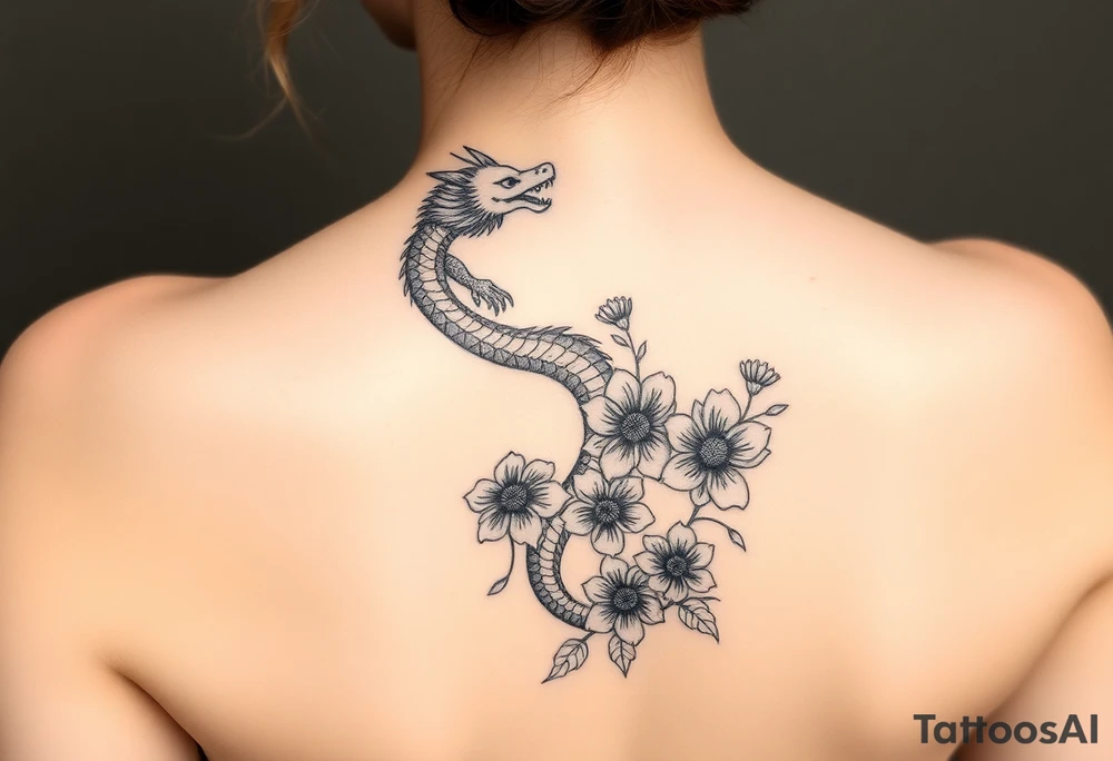 Leg area back of calf dragon going up 4 flowers
 Dragon flipped closer to the third one down realistic femine tattoo idea