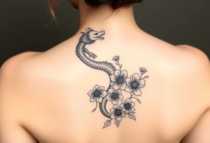 Leg area back of calf dragon going up 4 flowers
 Dragon flipped closer to the third one down realistic femine tattoo idea