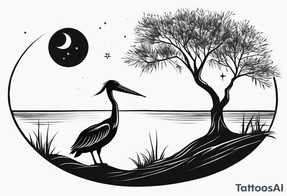 A simple willow tree with a flying pelican. A sun a moon and a star tattoo idea