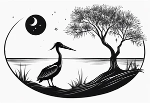 A simple willow tree with a flying pelican. A sun a moon and a star tattoo idea