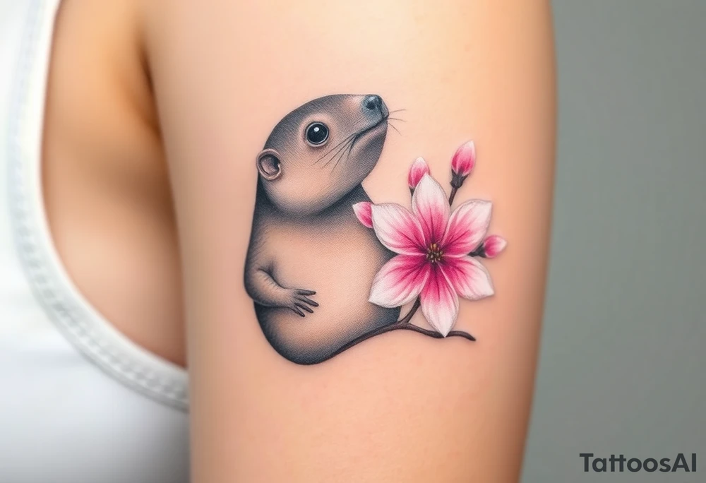 mole holding a delicate pink cherry blossom, with gentle pastel tones and a dreamy aesthetic tattoo idea