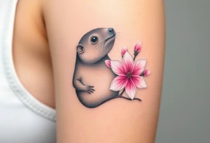 mole holding a delicate pink cherry blossom, with gentle pastel tones and a dreamy aesthetic tattoo idea