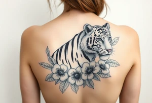 a whole tiger with some flowers around it tattoo idea