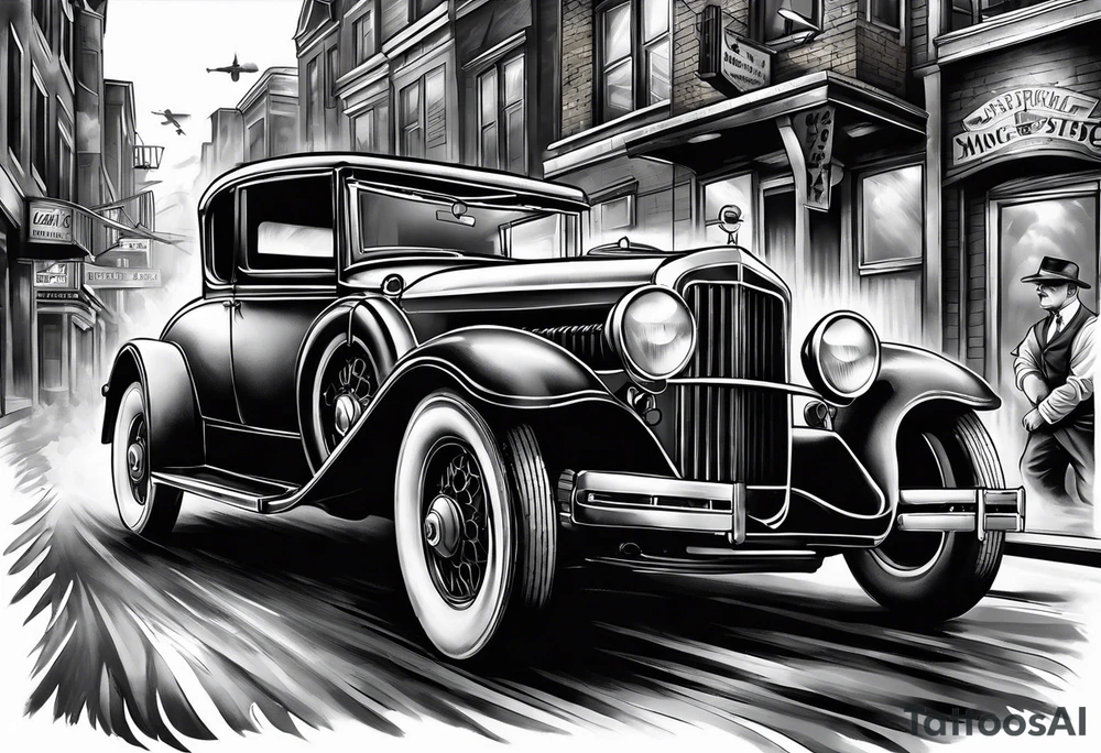 Al Capone style gangsters fighting with machine guns, set with a 1930s city street background, include a 1930's car speeding by , flames and smoke, bullets flying tattoo idea