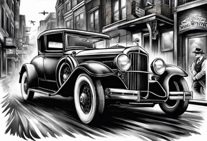 Al Capone style gangsters fighting with machine guns, set with a 1930s city street background, include a 1930's car speeding by , flames and smoke, bullets flying tattoo idea