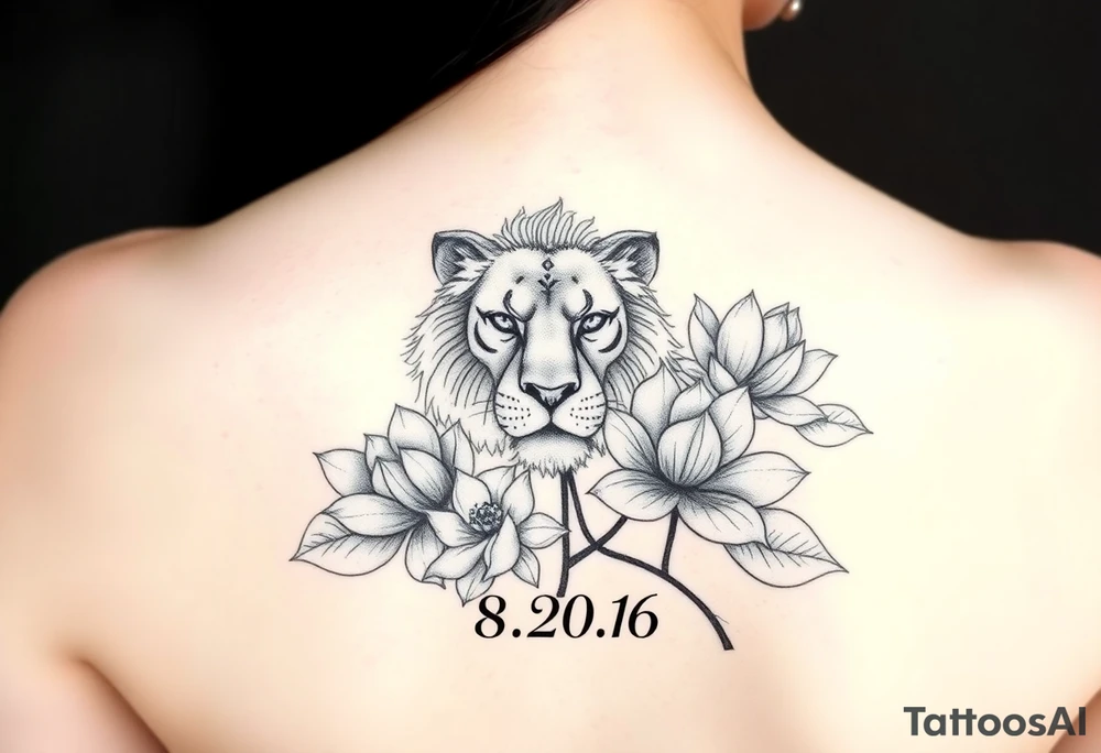 lion face as one of the lotus flowers then the rest blooming lotus flowers in mist with the date 8/20/65 tattoo idea