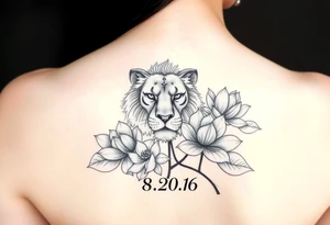 lion face as one of the lotus flowers then the rest blooming lotus flowers in mist with the date 8/20/65 tattoo idea