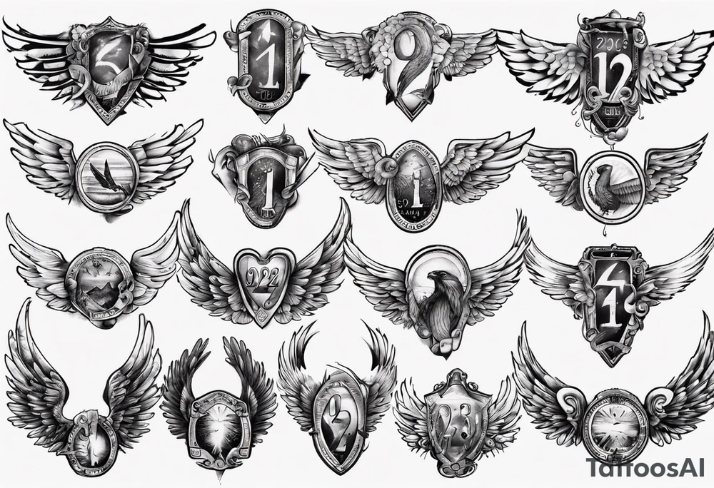 Wings with the dates (1) 09/12/2012 and (2) 24/10/2023 in between the wings tattoo idea