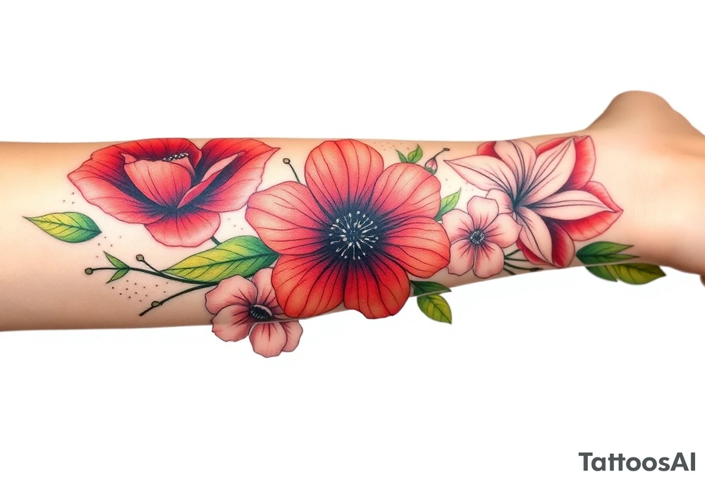 Fore arm tattoo in the neo american traditional style. I want to incorporate a few different flowers: Poppies, Morning Glory, Narcissus with green leaves in the background tattoo idea