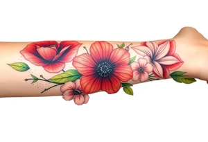 Fore arm tattoo in the neo american traditional style. I want to incorporate a few different flowers: Poppies, Morning Glory, Narcissus with green leaves in the background tattoo idea