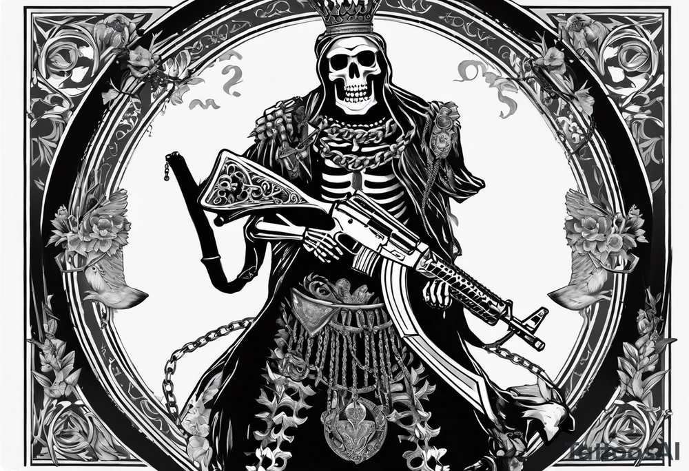image of a skeleton standing frontally with a crown on his head, holding an AK-47 on his shoulder with his right hand. The chain on the left should be taut, there are three angry barking Dobermans in it, near the waist tattoo idea