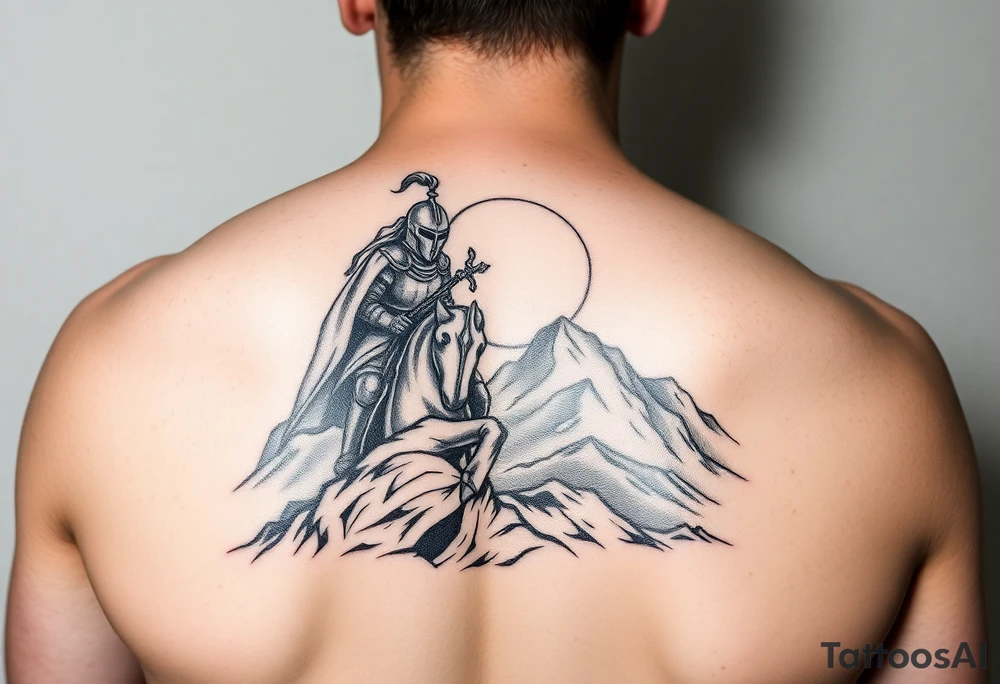 Powerful knight on the hillside sun in the background tattoo idea