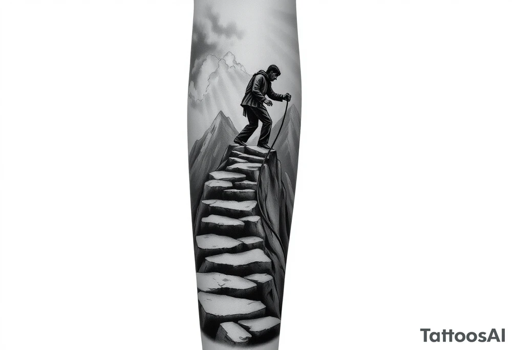 A black and grey tattoo sleeve design featuring a rugged mountain path winding upwards, symbolizing perseverance. A lone figure climbs the path with torn but determined hands gripping a rope. The background fades into storm clouds with rays of light breaking through, symbolizing divine favor. The texture of the tattoo is realistic with fine details, blending elements of stoicism, grit, and faith. The design flows seamlessly from forearm to upper arm, with darker tones at the bottom and lighter tones at the top. tattoo idea