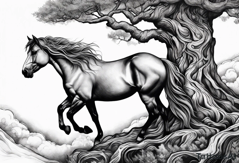 Realistic Horse and Yggdrasil tree tattoo idea