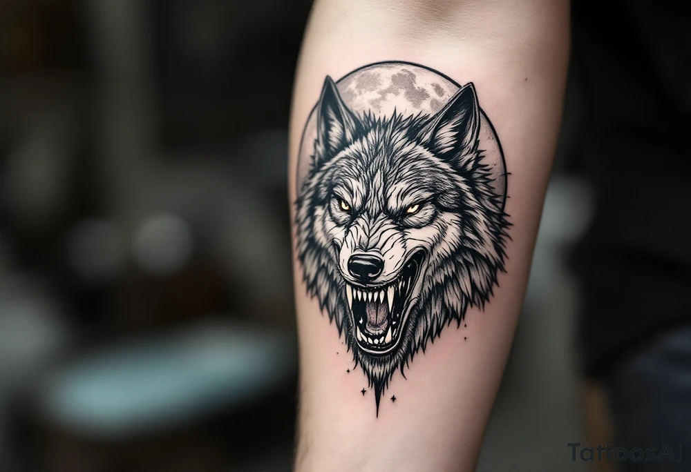 Realistic wolf head snarling with moon background tattoo idea