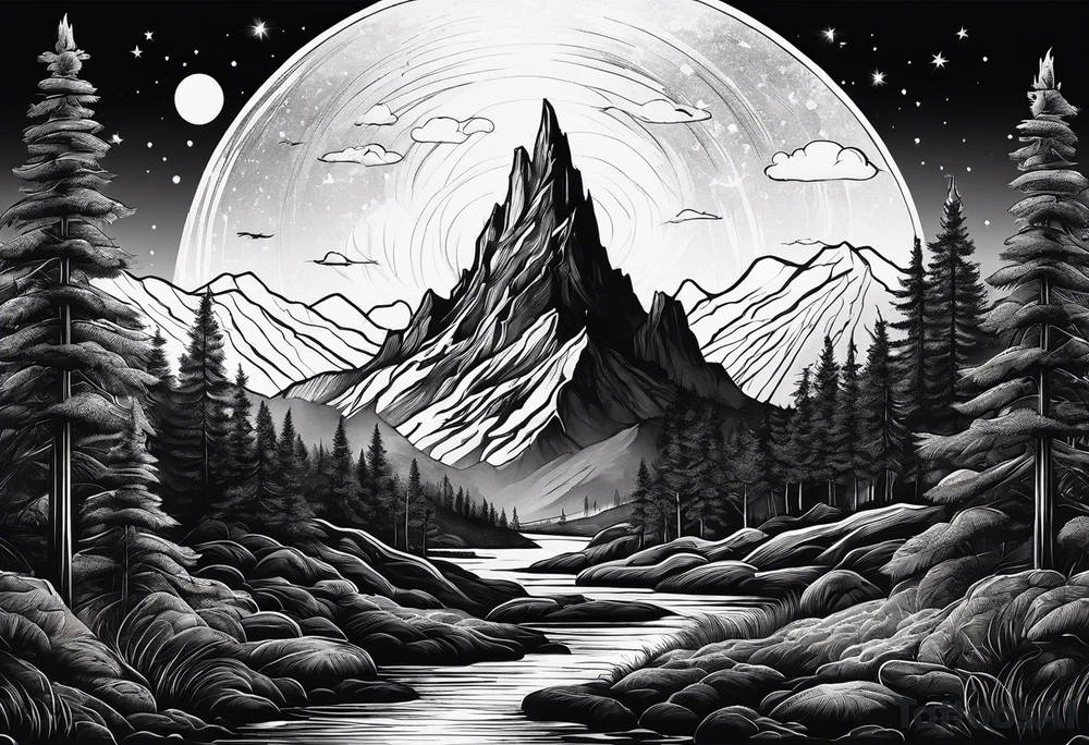 A space mountain landscape overlooking a forest tattoo idea