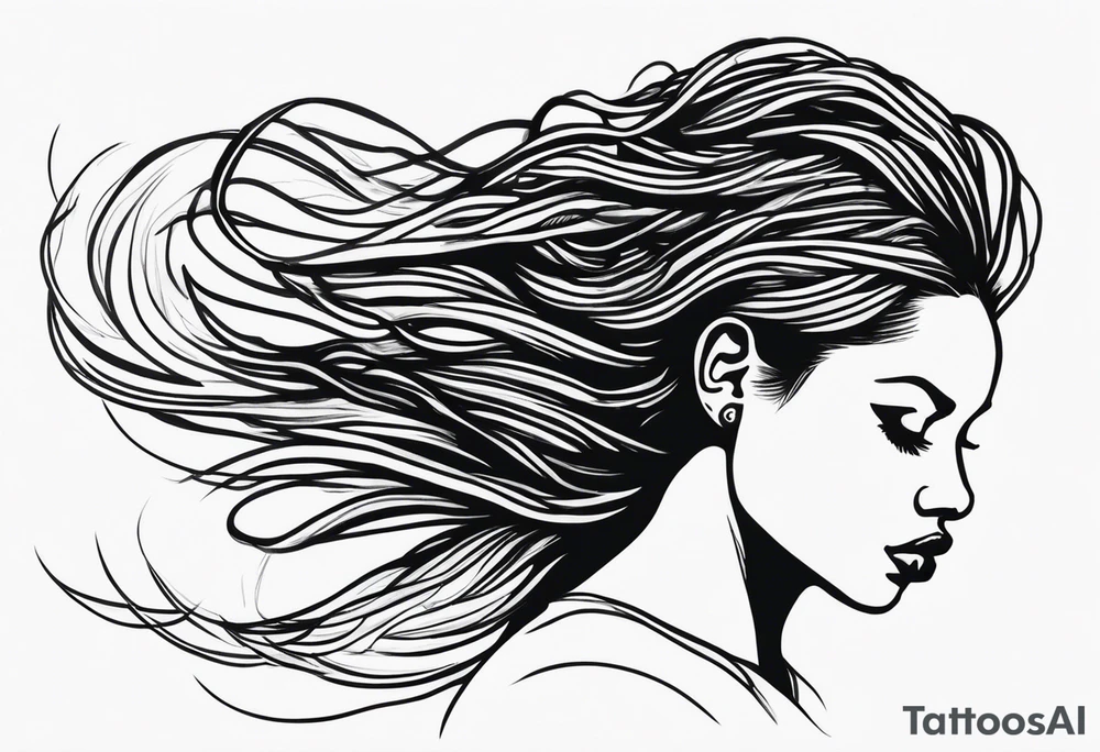 Draw a women head with real dread locks flying in the air, all hair should be to see tattoo idea