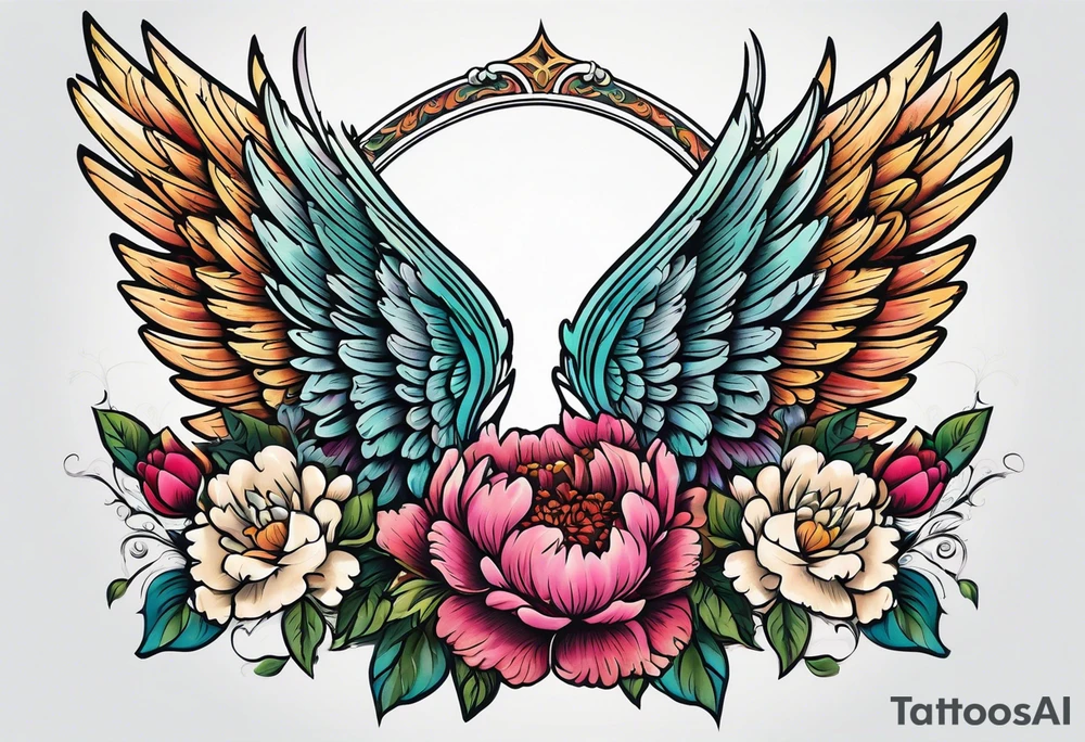beautiful angel wings with colorful, peonies. beautiful flilligree in the background , full color, traditional old school , white background tattoo idea