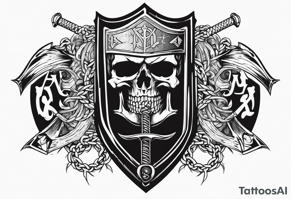 Valhalla sword shield axe barbed wire chains dark cloud tattoo idea