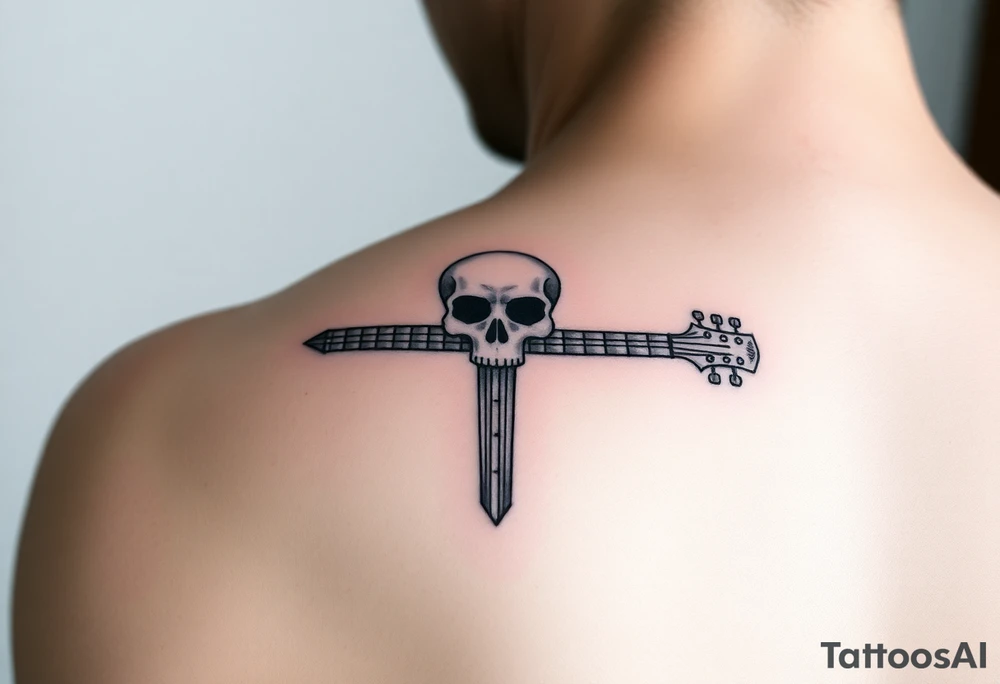 I would like to get a tattoo of a skull and a cross and in a guitar for your upper arm that would be covered with a sleeve and I want it just black and gray tattoo idea