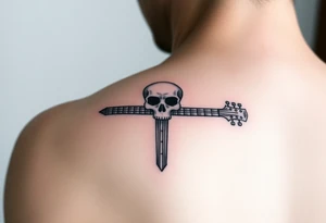 I would like to get a tattoo of a skull and a cross and in a guitar for your upper arm that would be covered with a sleeve and I want it just black and gray tattoo idea