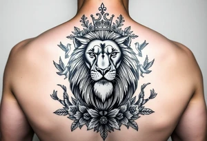 powerful majestic lion with a crown, surrounded by floral ornaments and birds tattoo idea