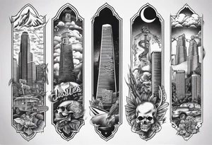 Los Angeles, CA on top and Houston, TX on bottom theme arm sleeve tattoo idea