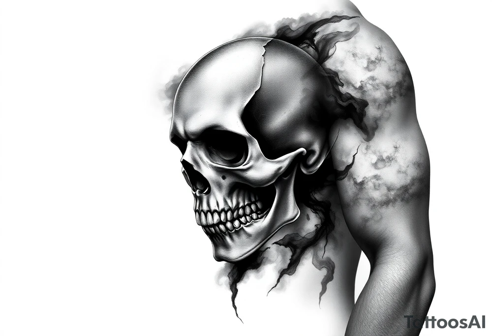 Abstract skull imagery blended into smoke and shadow, symbolizing fear used as a weapon, fragmented skull dissolving into mist, tactical darkness, psychological warfare theme, blackwork realism, dramatic contrast, tattoo design. tattoo idea