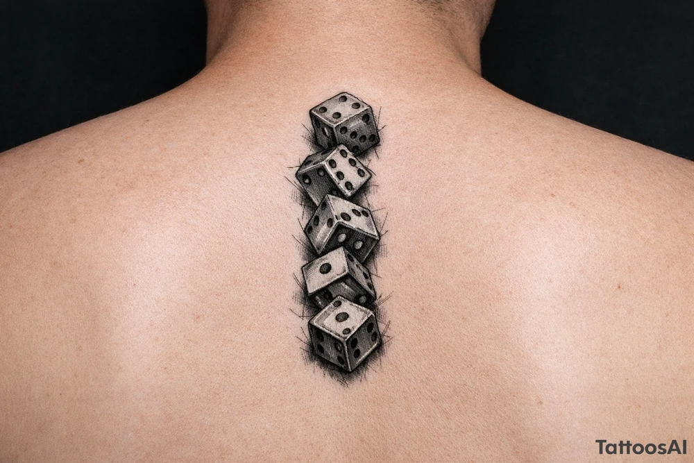 Five colorful dice tumbling mid-air, in a downward line, feminine tattoo idea