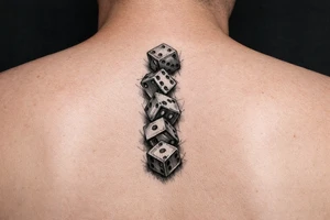Five colorful dice tumbling mid-air, in a downward line, feminine tattoo idea