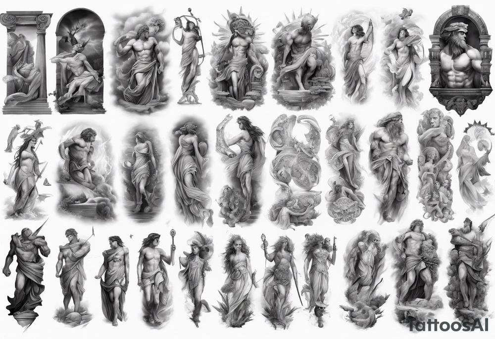 greek mythology
many details
full arm sleeve
realistic pictures tattoo idea