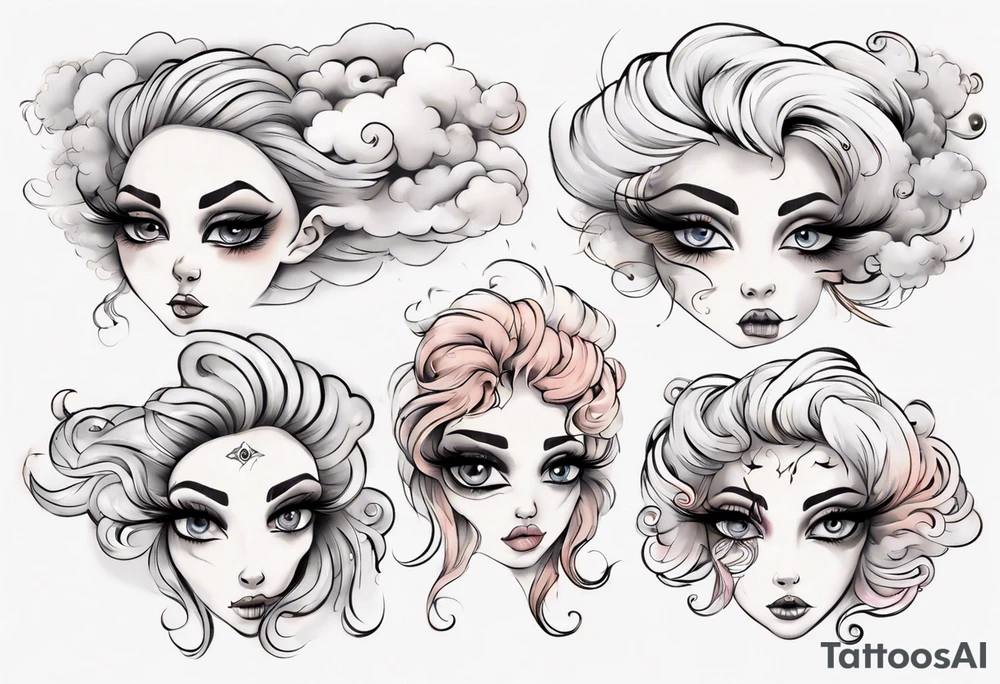 feminine cloud with eyes and Long eye lashes blowing smoke tattoo idea