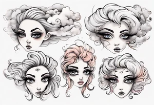 feminine cloud with eyes and Long eye lashes blowing smoke tattoo idea