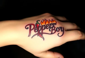 Chili pepper and fire lettering says Pepper Boy tattoo idea