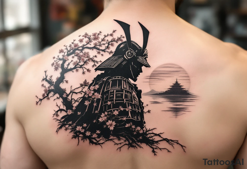 noble samurai warrior silhouette at sunset with cherry blossoms tattoo idea