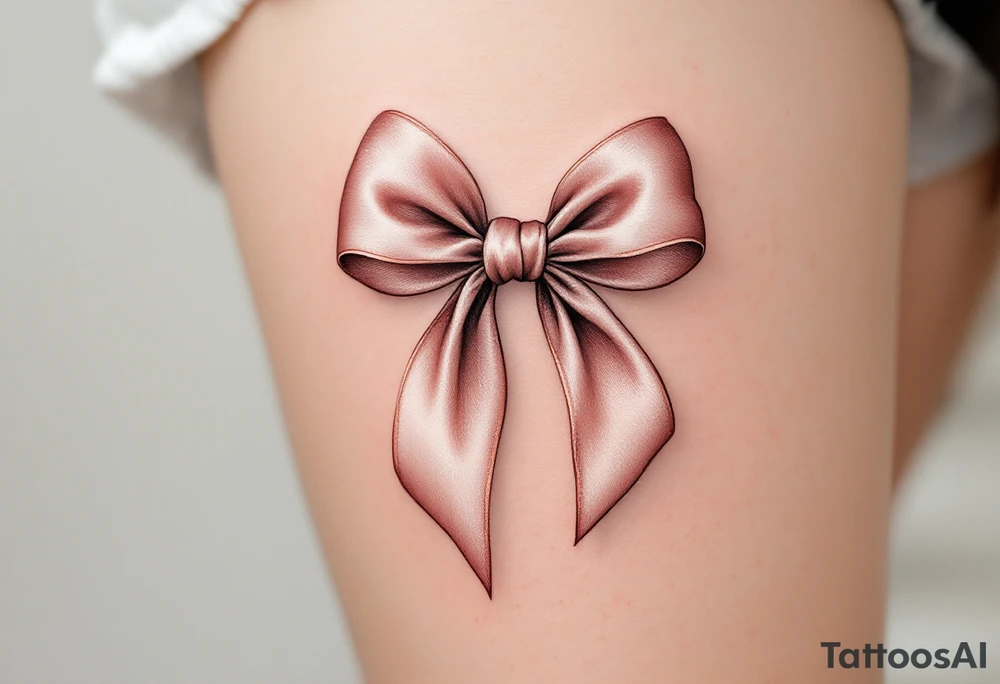 An elegant satin bow tattoo, tied in a perfect knot with gracefully flowing tails, symbolizing unity and everlasting love. The bow is rendered in a soft blush pink with gentle highlights, creating a realistic silk-like sheen. Subtle shadows add depth, making the fabric appear delicately folded. The knot at the center is slightly darker, emphasizing its structure and strength. tattoo idea