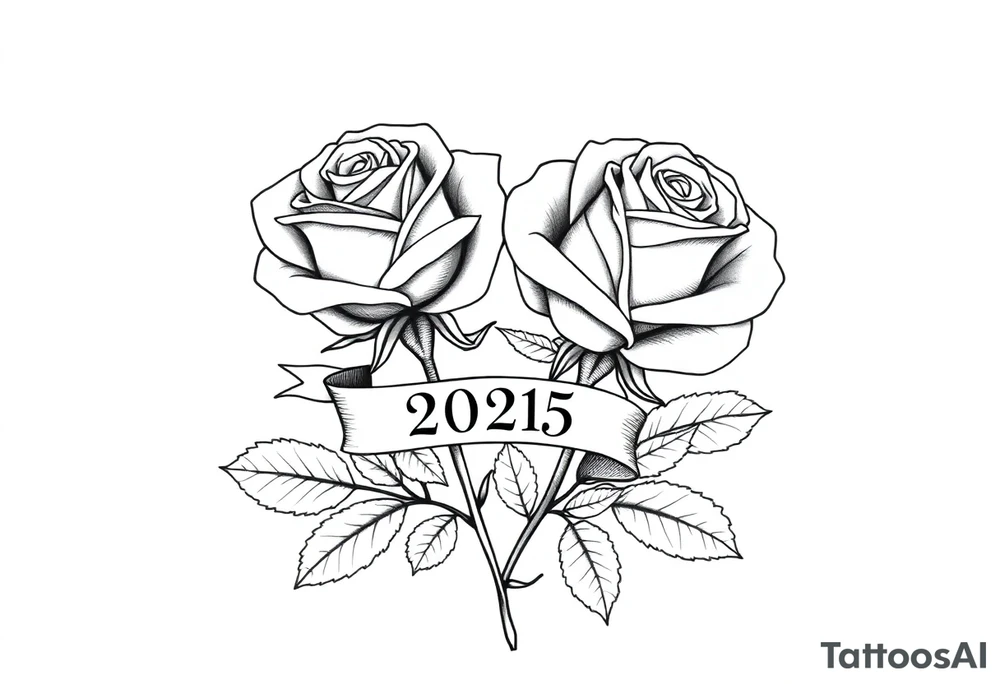 two beautiful large rose buds, one larger than the other, with many leaves next to the rose buds, with one sitting higher than the other. Include a banner connecting the two roses with "2025" on it.   Use dark outlines with little shading. The two stems should be short, not long, and connect and join into one stem, whimsically curved or twisted - not straight down. tattoo idea