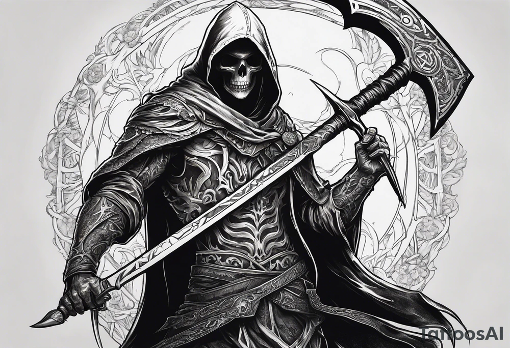 hooded human necromancer holding a large scythe in 1 hand and raising a skeletal warrior under his other hand that is glowing tattoo idea