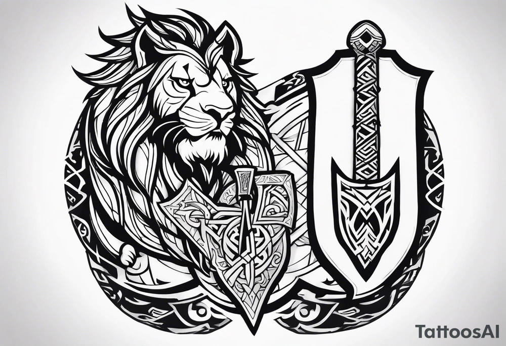 Valhalla sword shield dragon axe Valknut tribal lion tattoo idea