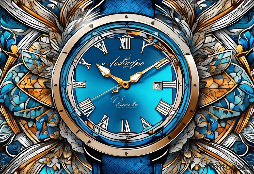 Relógio de areia com detalhes geométricos e uma areia colorida em tons de azul tattoo idea