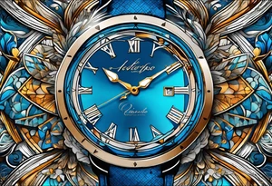 Relógio de areia com detalhes geométricos e uma areia colorida em tons de azul tattoo idea